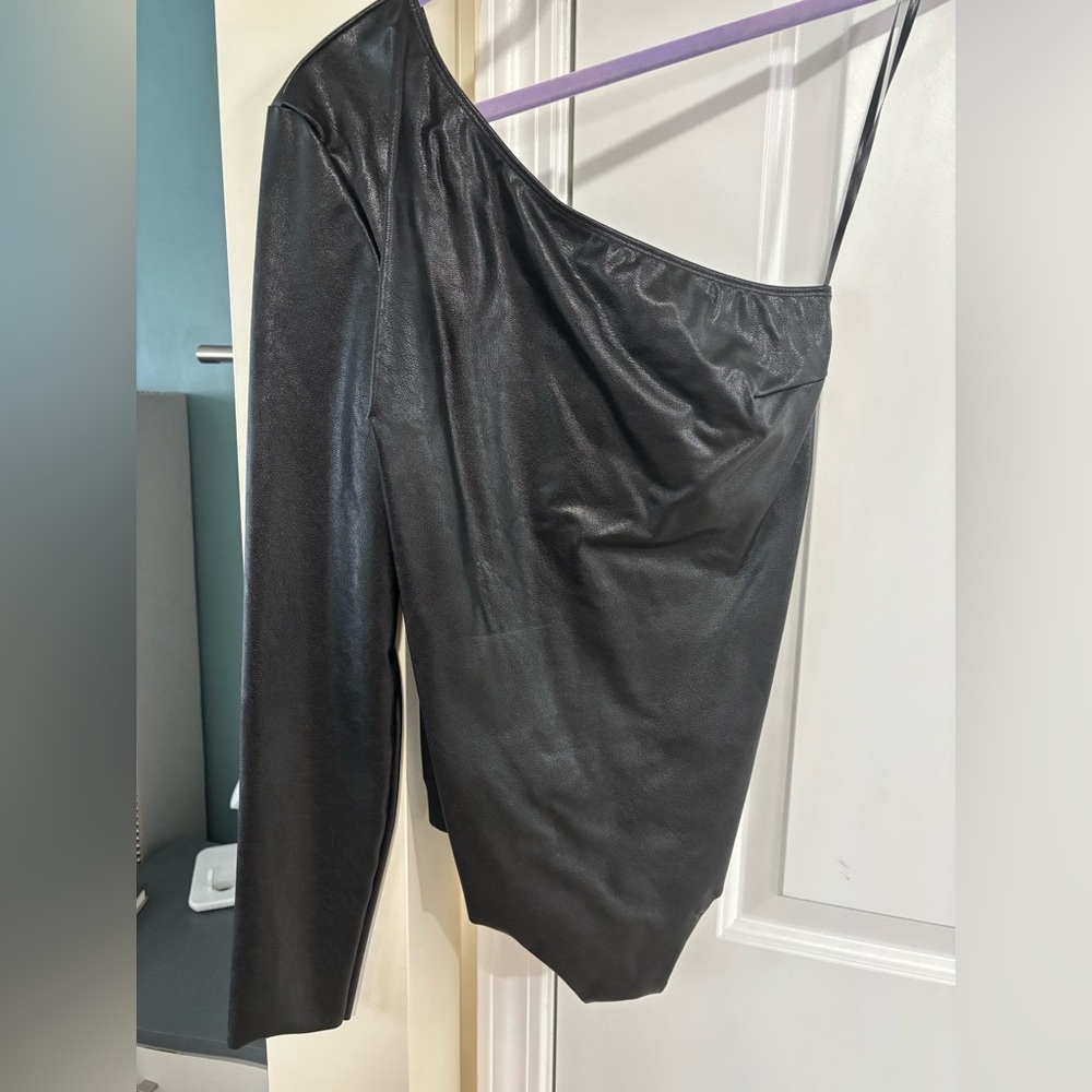Black asymmetrical faux leather bodysuit